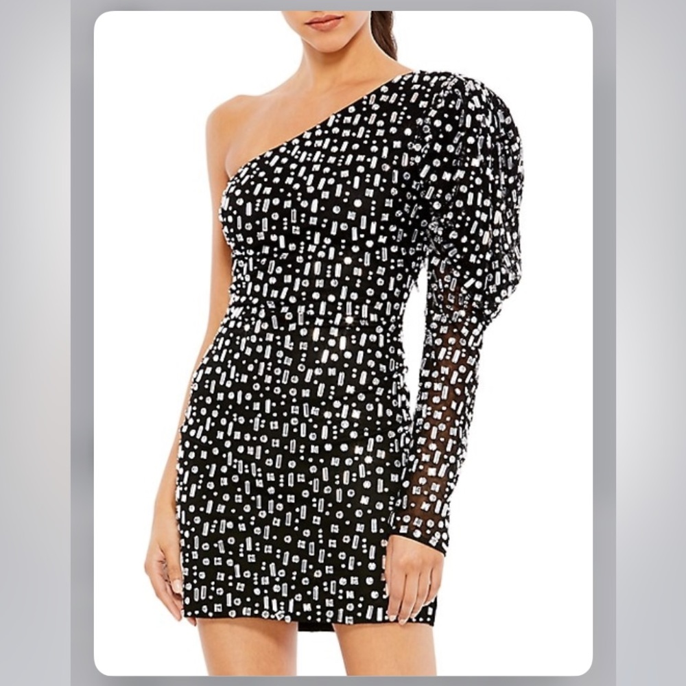 MAC DUGGAL one shoulder embellished puff sleeve black silver mini dress sz.2